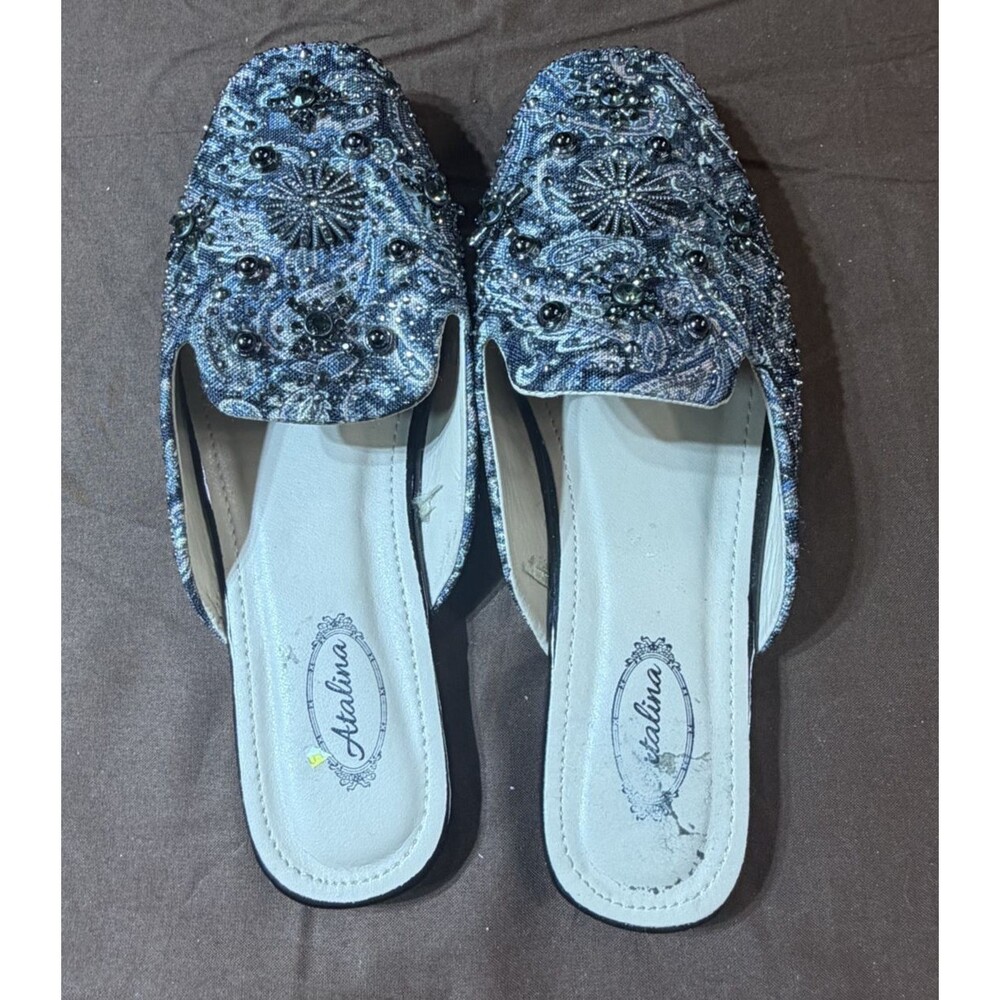 Atalina Women's Mule Flats Closed Toe Beaded Jeweled Floral Black Pewter size 7